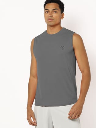 Men Grey Solid Sleeveless Sports T-shirt