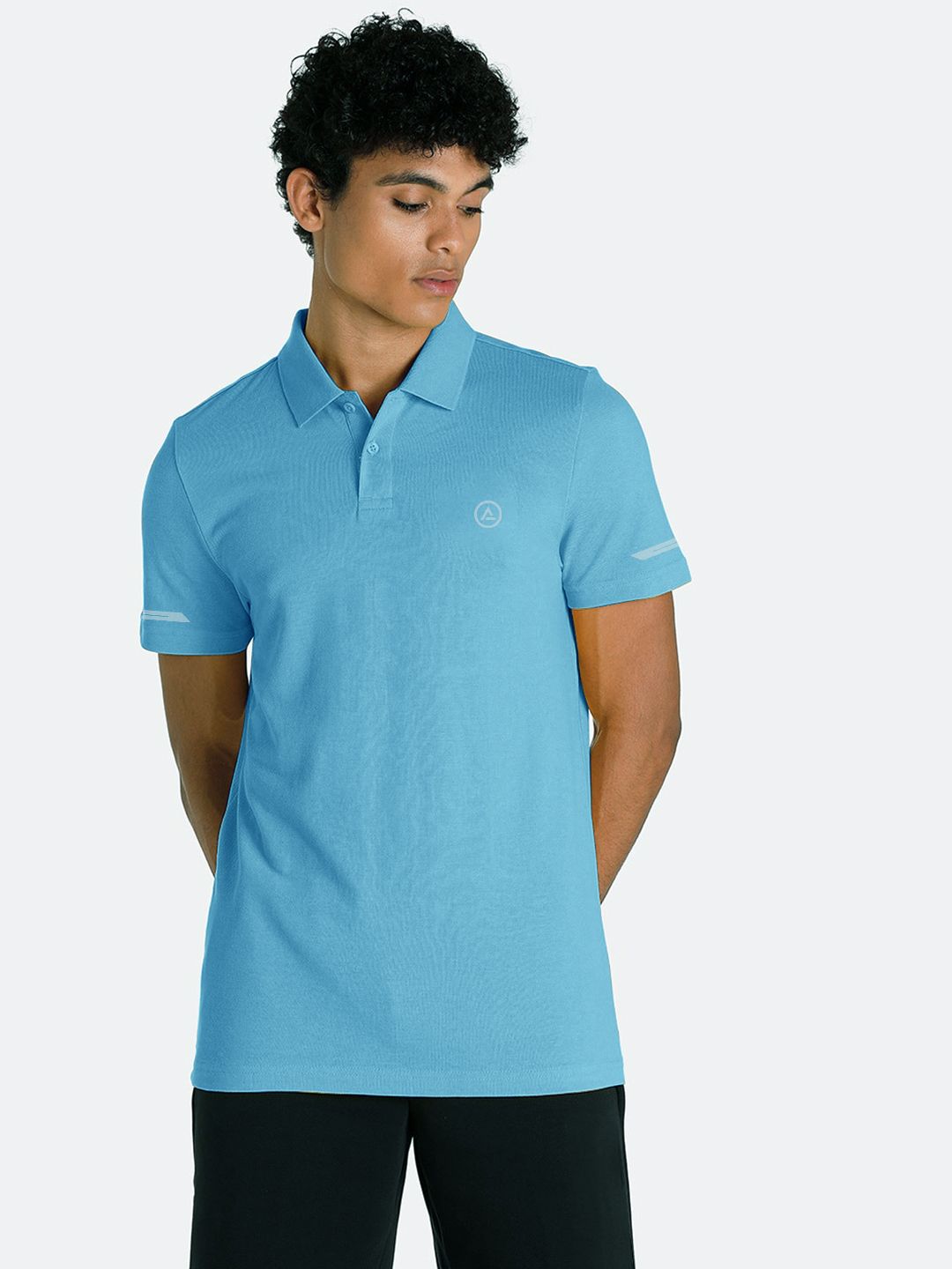 Men Basic Light Blue Polyester Polo T-shirt