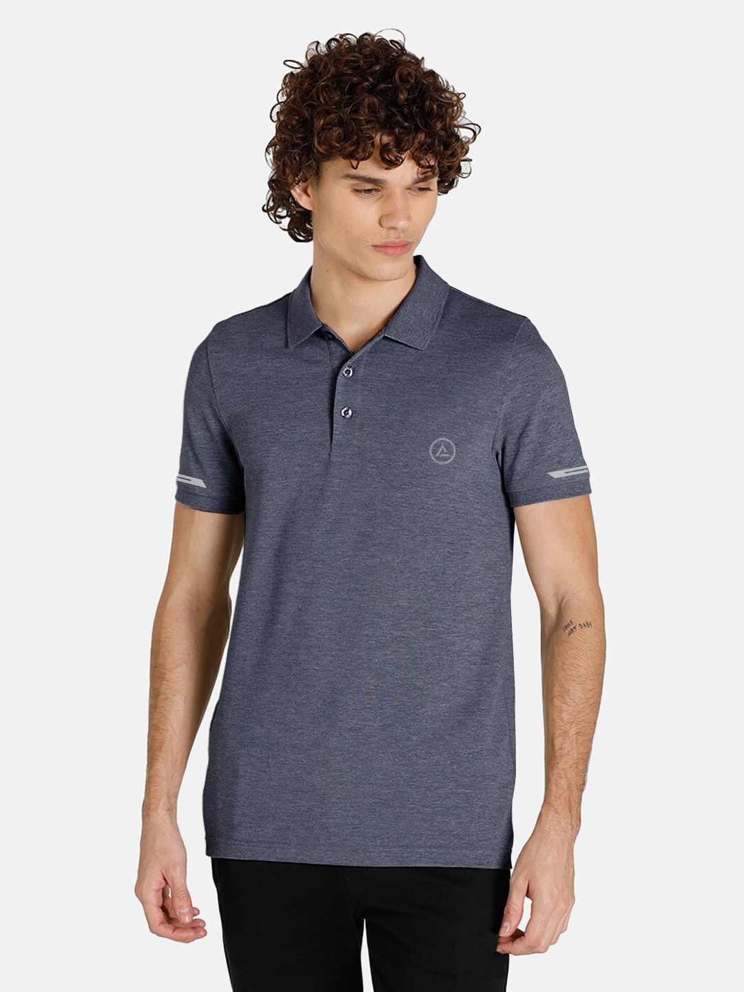 Men Basic Grey Polyester Polo T-shirt