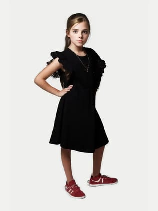 Teen Girls Black Solid Dress with Lace