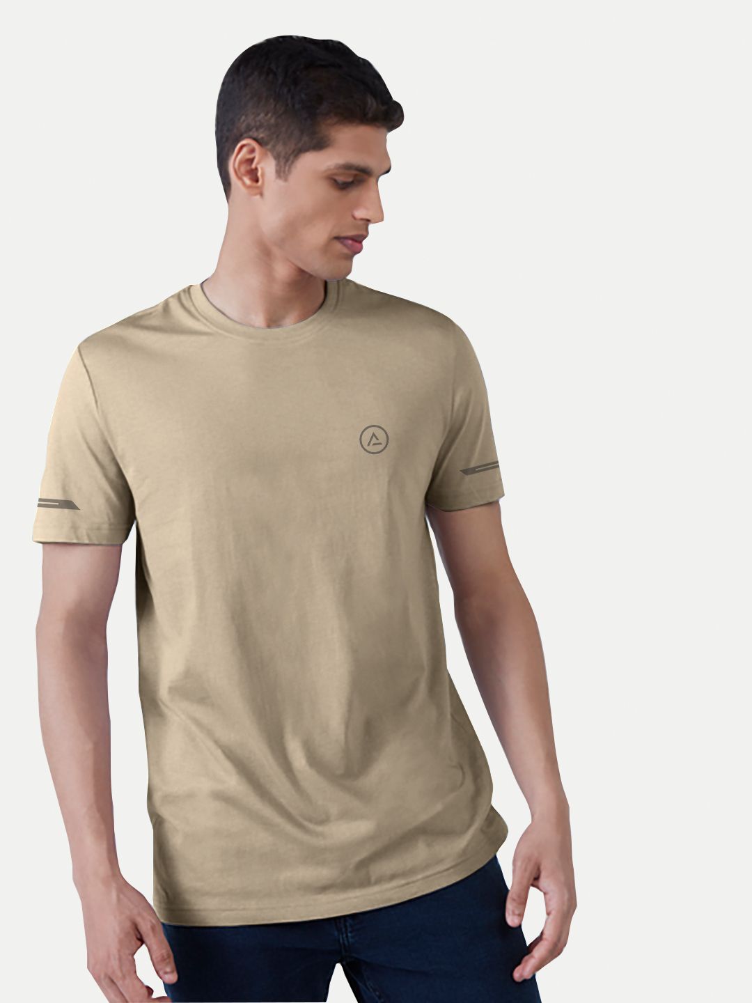 Men Beige Polyester Active Crew Neck T-Shirt