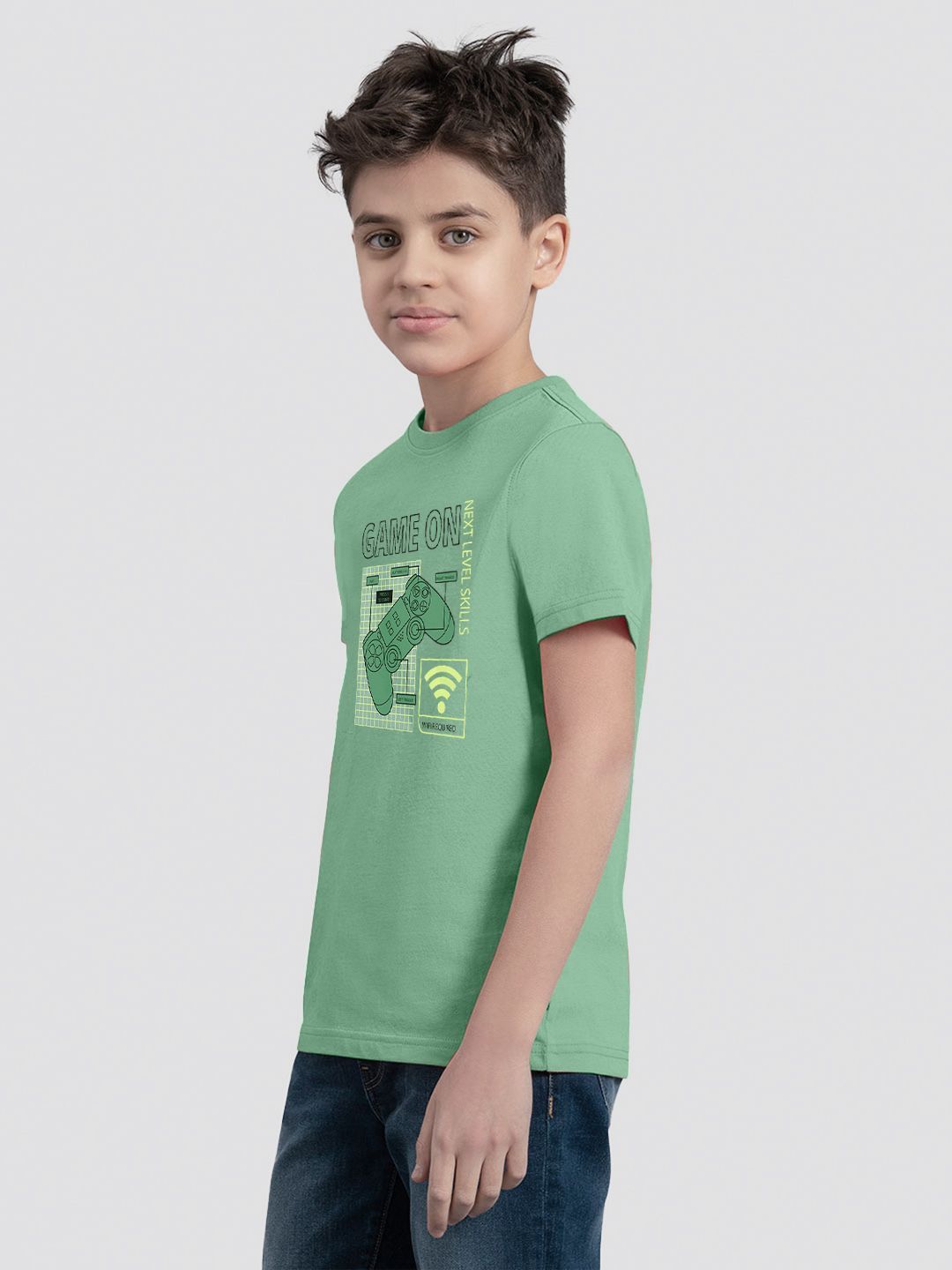 Boys Light Green Printed Gamer on T- shirt