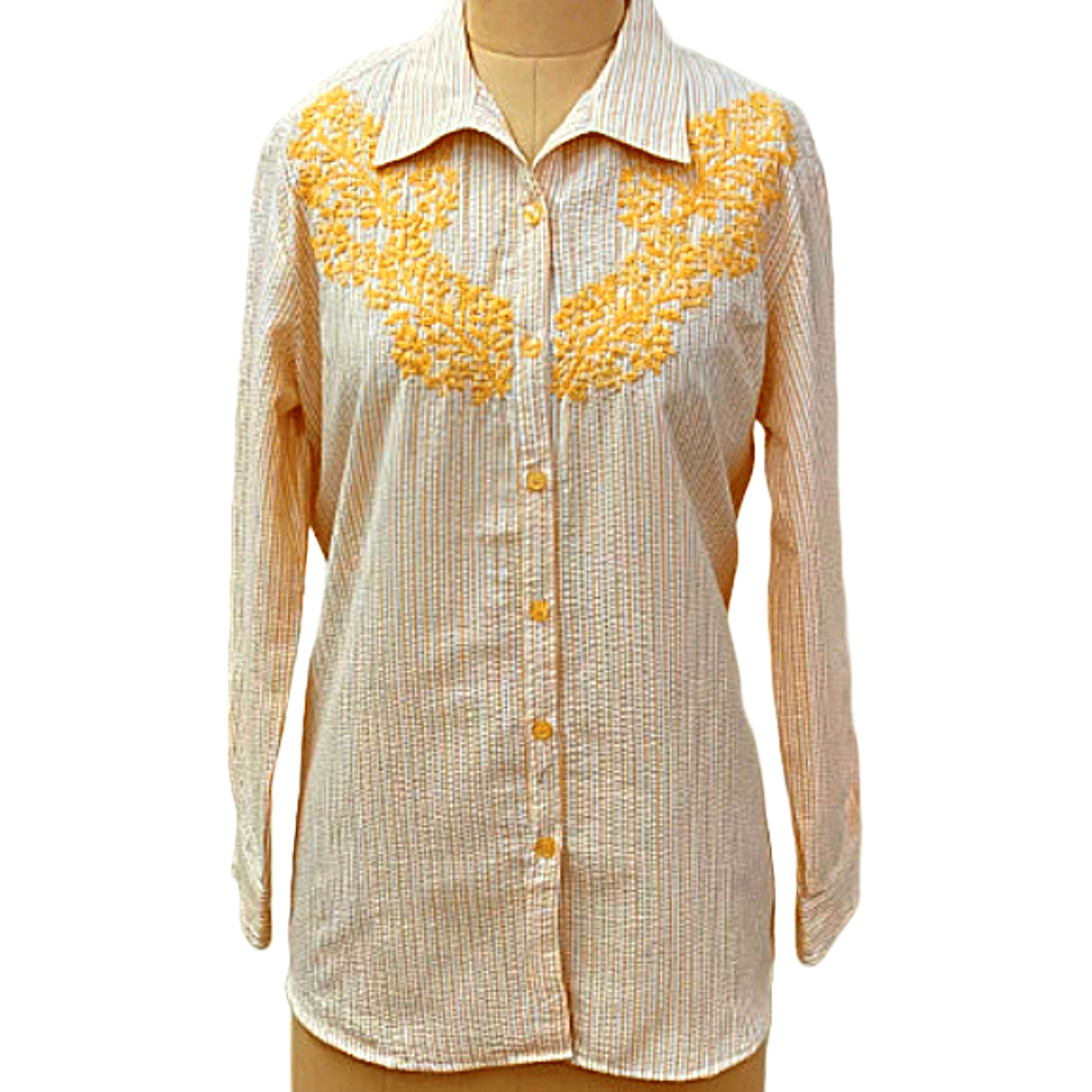 Lucknowi Handcrafted Cotton Chikankari Shirt for Women's Lining print off of wage yellow embroidery