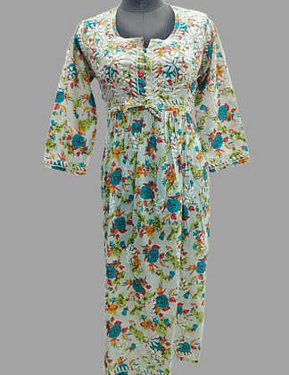 Green Phool Patti Print  Cotten Resham Lucknowi Chikankari Kurta Hand-Embroidered