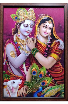 Bramika Artifacts Image of Golden Krishna& Radha Glitter Laminated and framed art print of painting for home and office - Multi colour 33x48 cm Synthetic Frame &MDF (Decor 233)