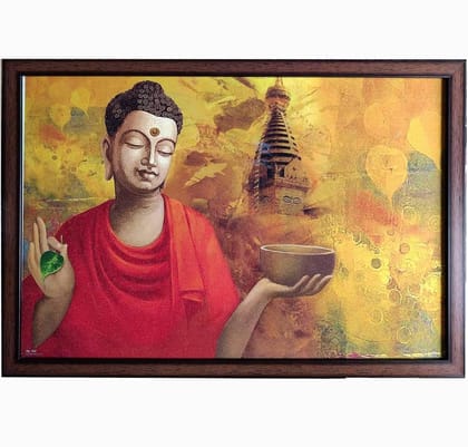 Bramika Artifacts Budha Pot in hand'Glitter Laminated and Framed Art Print of Painting for Home and Office - Multi Colour 33x48 cm Synthetic Frame &MDF(DG-b29)
