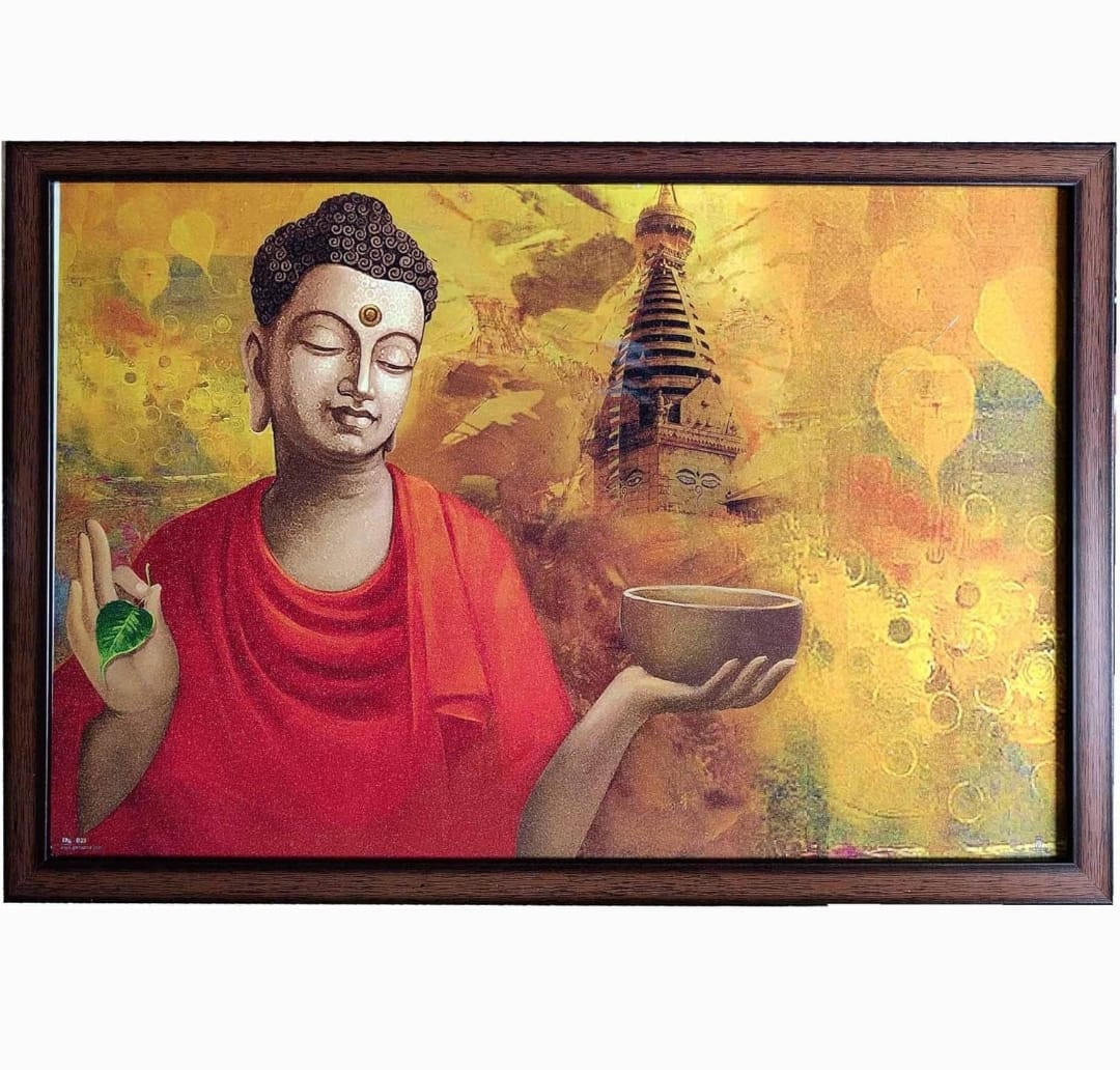Bramika Artifacts Budha Pot in hand'Glitter Laminated and Framed Art Print of Painting for Home and Office - Multi Colour 33x48 cm Synthetic Frame &MDF(DG-b29)