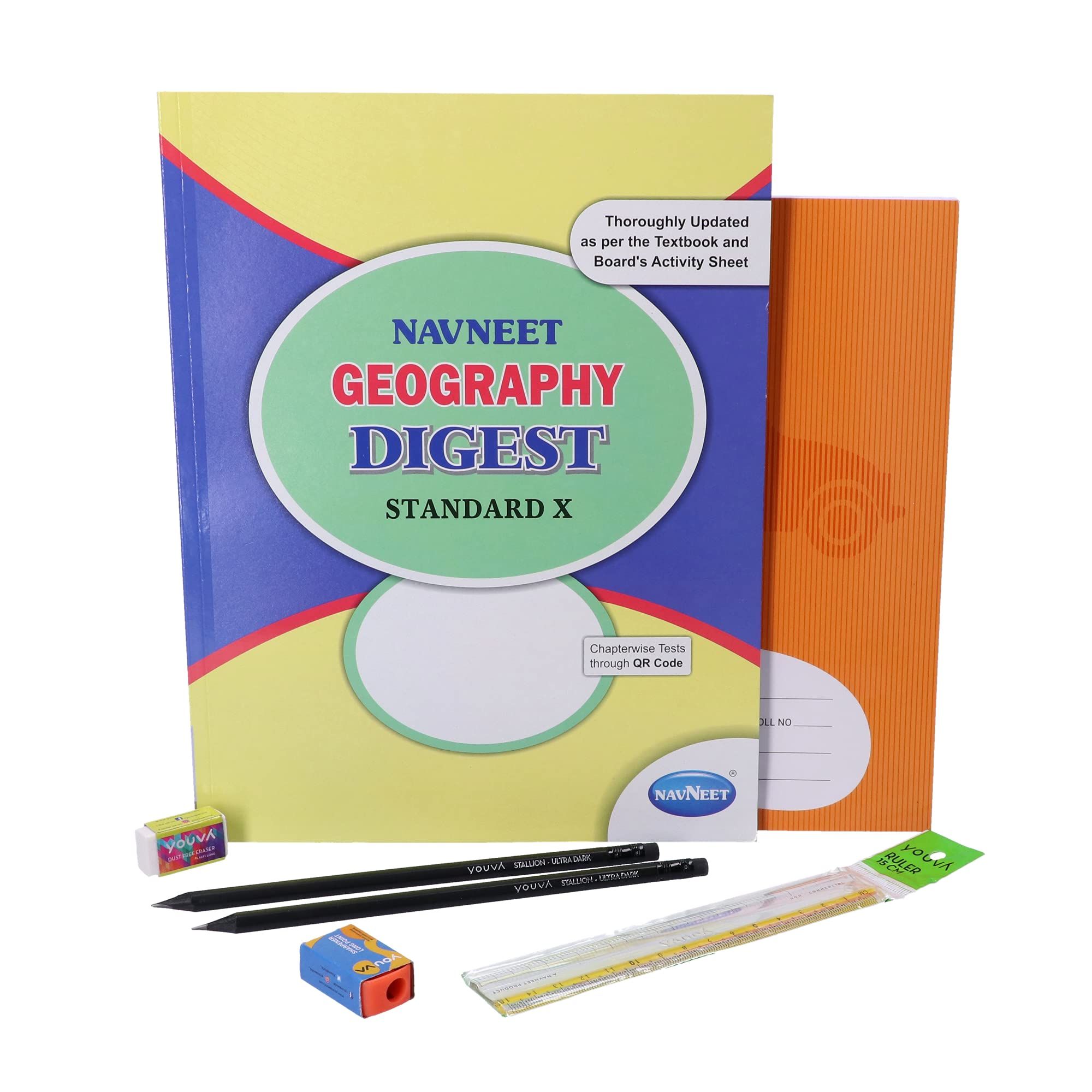 Navneet Youva | Std 10 Geography Digest Study Kit 1 | Happiness Combo (1 Digest + 1 Notebook + 2 Pencils +1 Sharpener + 1 Eraser + 1 Scale), Multi Color, (23894)