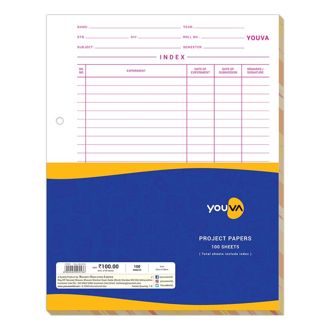 Navneet Youva | Project Paper for Project/Assignment/Practical/Homework | 22 cm x 28 cm | 1 Side Ruled / 1 Side Plain | 100 Sheets