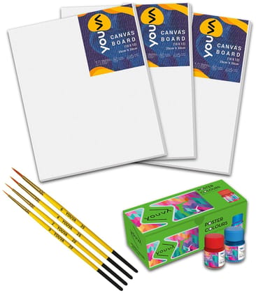 Navneet Youva Canvas Painting Kit for DIY Crafts and Decorative Painting Projects with 3 Canvas Boards of 10 X 12 Inch, 4 Mix Brushes and Poster Colours Pack of 8, White (35274)
