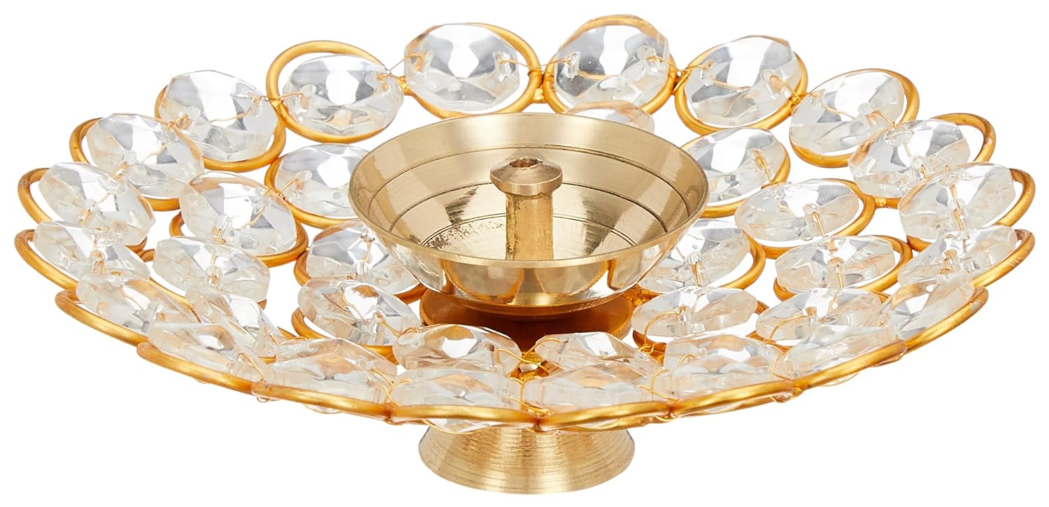 Brass Diya for Puja - Decorative Crystal Akhand Diya - Oil Pooja Lamp for Home Decor