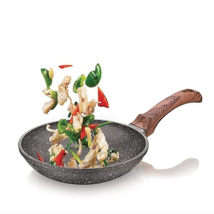 Echt Die Cast Aluminum Non Stick Frying Pan(24 cm), Granite Finish,Wooden Finish Soft Touch Handle, idle to sauté vegies and Fry Omelette, PFOA Free, Tapper Fry Pan with 1 Year Warranty(Grey)-6Pc