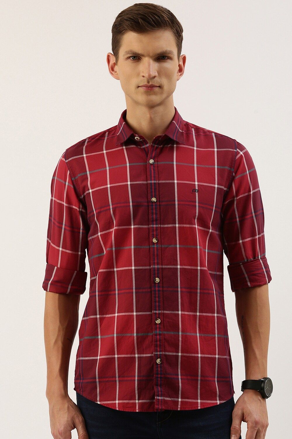Men Maroon Slim Fit Check Full Sleeves Casual Shirt