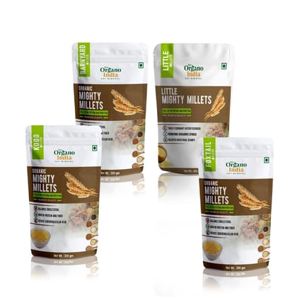 Organo India Millets, Polished, 2kg Combo (Pack of 4), Siridhanya, Low GI, Branyard 400g, Foxtail 400g, Kodo 400g, Little Millet 400g Organo India Millets, Polished, 2kg Combo (Pack of 4), Siridhanya, Low GI, Branyard 400g, Foxtail 400g, Kodo 400g, Little Millet 400g