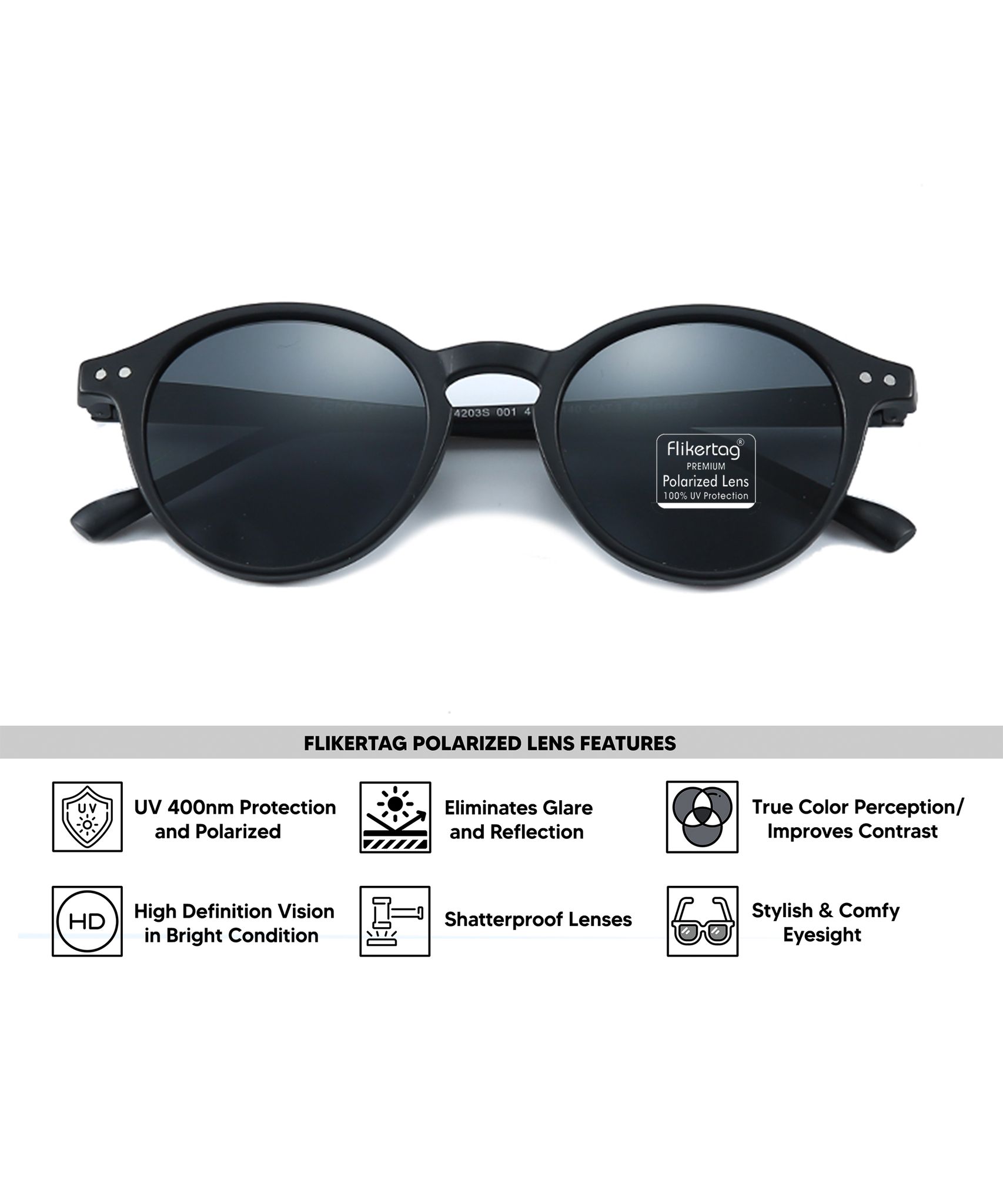 Flikertag Polarized Sunglasses With UV Protection For Men & Women | HD vision with Grey Lens [FTS 565 F1 Round Matte Black Frame with Smoke lens, 50mm]