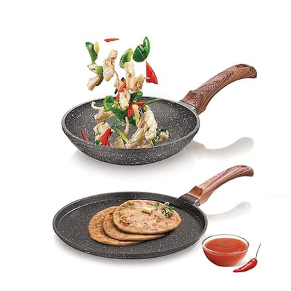 ECHT Die cast Aluminium Non Stick Combo Set of 2 (20 cm Frying Pan and 28cm Dosa tawa), Granite Finish, Soft Touch Handle, idle for sauté,Frying,dosa and rotis, vegies and Omelettes, Grey