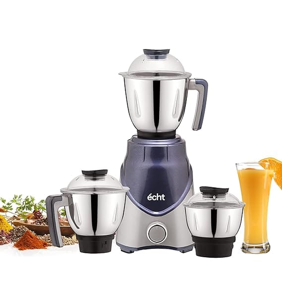 Echt ZR 7S Mixer Grinder 750 Watt, 3 Stainless Steel Jars, Wet Jar (1500 ml), Multipurpose Jar (1000 ml) and Chutney Jar (300ml) ; with 3 Speed Control, with 2 years warranty, Silver + Blue