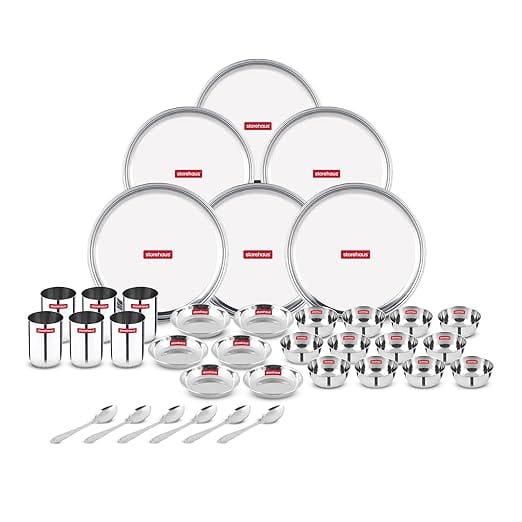 Storehaus 36 Pieces Smart Stainless Steel Dinnerware/Dinner Set - 6 Thali, 6 Halwa Plate, 12 Bowl, 6 Glass, 6 Spoon, Kitchen Set for Home & Restaurants, Family - Silver