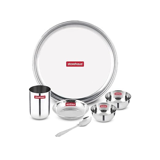 Storehaus 6 Pieces Smart Stainless Steel Dinnerware/Dinner Set - 1 Thali, 1 Halwa Plate, 2 Bowl, 1 Glass, 1 Spoon, Kitchen Set for Home, Restaurants, Family - Silver