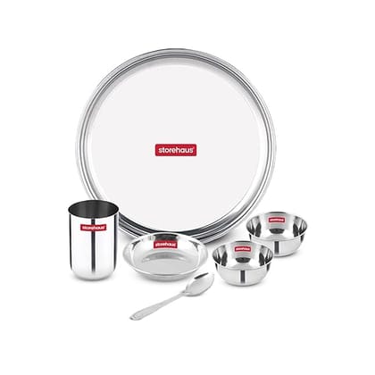 Storehaus Stainless Steel 6 pc (1 Thali+2 Katori+1glass+1 Spoon+1 Halwa Plate) Kitchenware Set Ideal for Home, Restaurants and Family Use, Silver