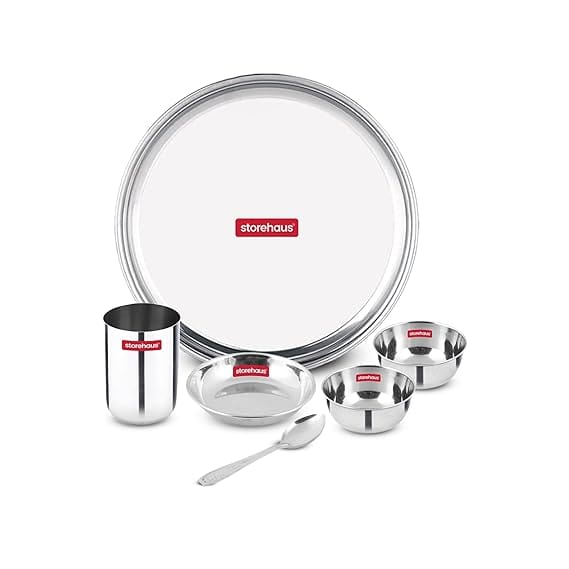 Storehaus Stainless Steel 6 pc (1 Thali+2 Katori+1glass+1 Spoon+1 Halwa Plate) Kitchenware Set Ideal for Home, Restaurants and Family Use, Silver