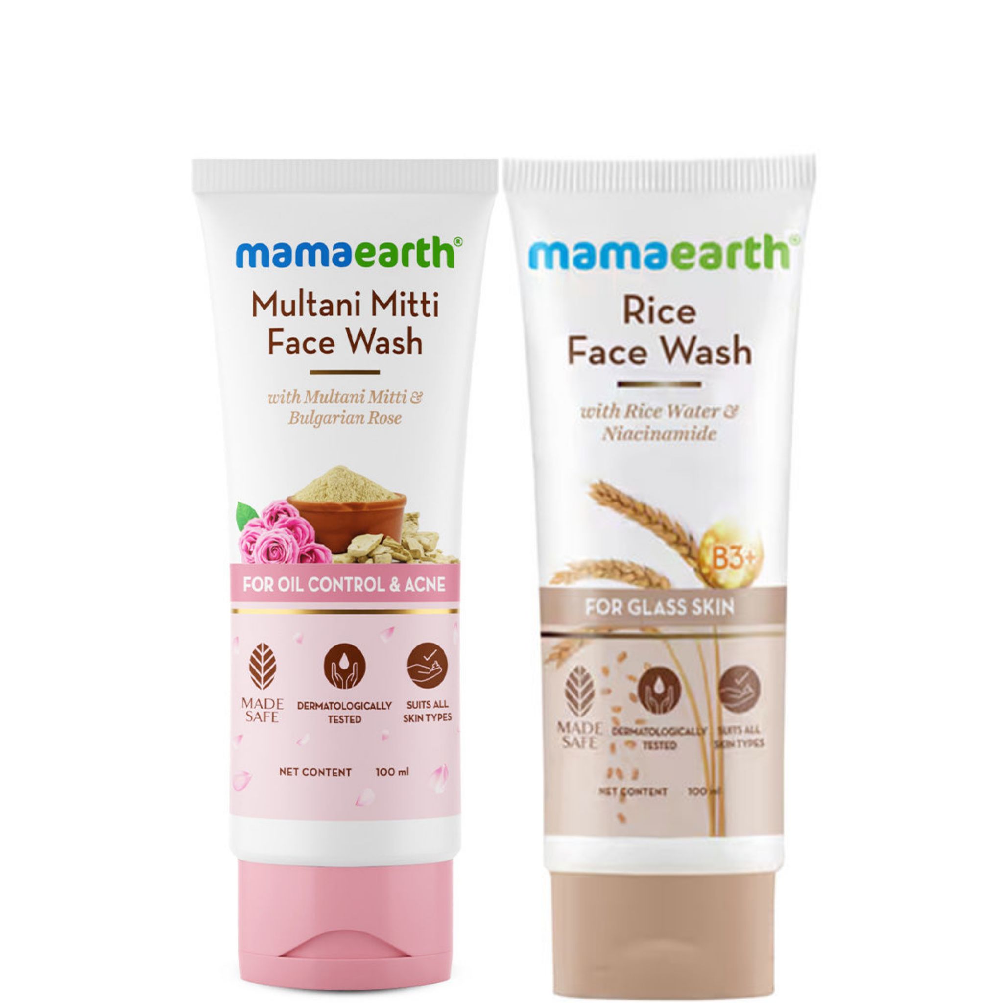 Mamaearth Rice Face Wash With Rice Water & Niacinamide For Glass Skin (100 ml) + Mamaearth Multani Mitti Face Wash (100ml) Pack of 2