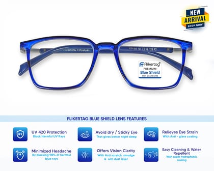 Flikertag Blue Cut Computer Glasses for Eye Protection | Zero Power Blue Light Filter Glasses With UV Protection | Anti Glare Specs for Men & Women [FTF211 F2 Square Glossy Blue Frame, 50mm]