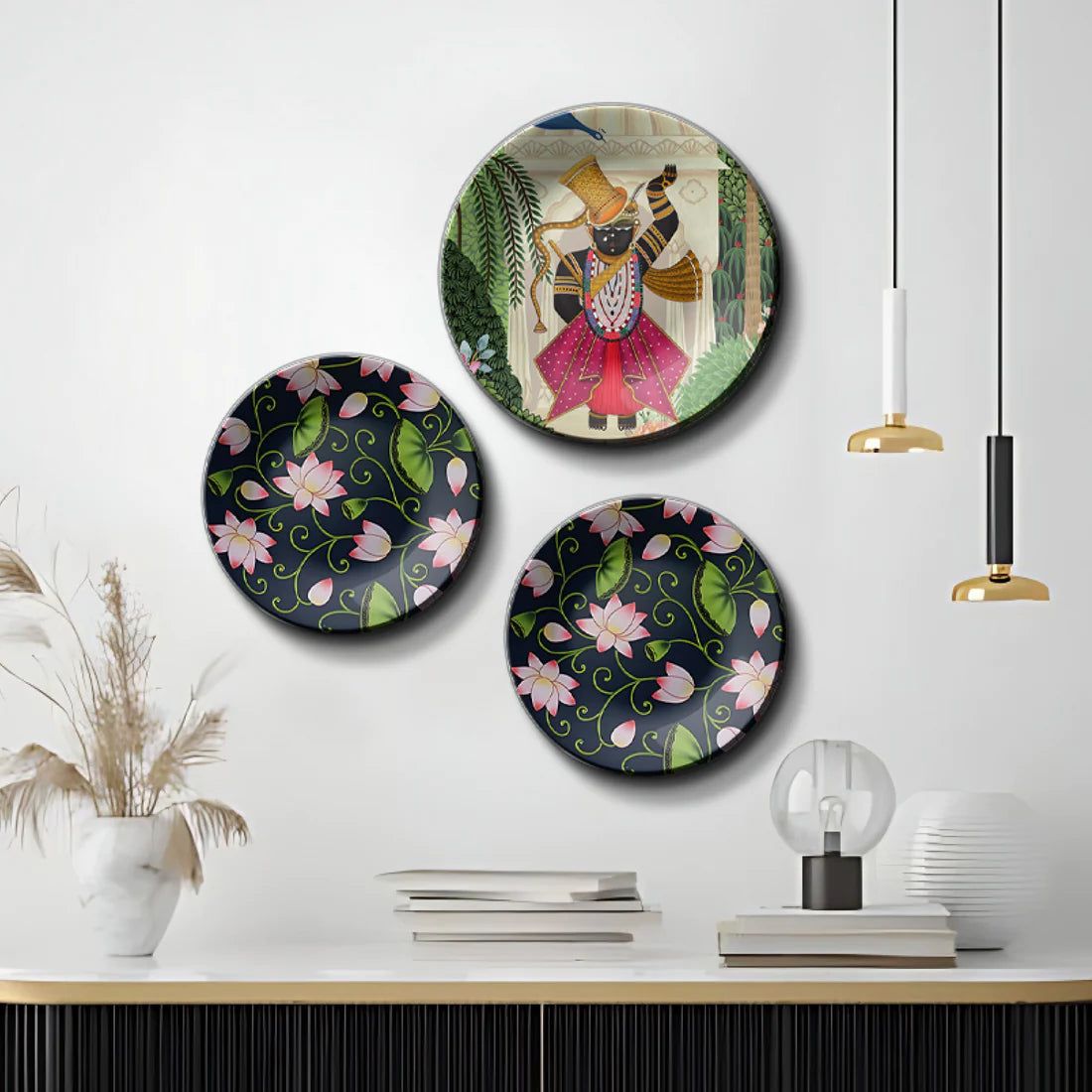 Set of 3 Shrinath Ji and Lotus Wall Plates Décor