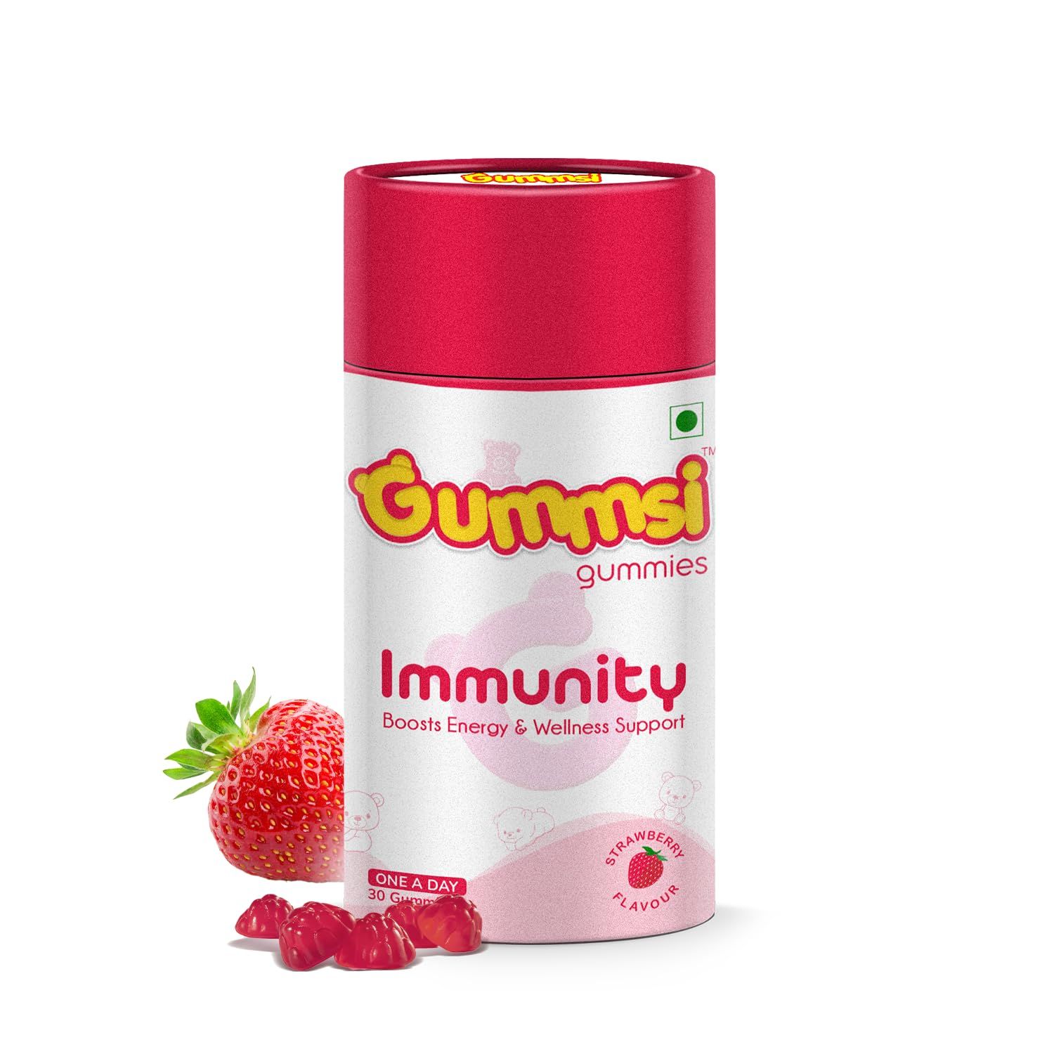 Gummsi Immunity Gummies with Vitamin C, Zinc | No-Added Sugar | Strawberry Flavor | Boosts Immunity, Bone Density & Eyesight | 30 Gummies