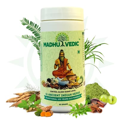 Omni Ayurveda MADHUVEDIC For Men & Women | Made with 11 Ancient Indian Natural Herbs Powder | Bottle Of 60 Grams Omni Ayurveda MADHUVEDIC For Men & Women | Made with 11 Ancient Indian Natural Herbs Powder | Bottle Of 60 Grams