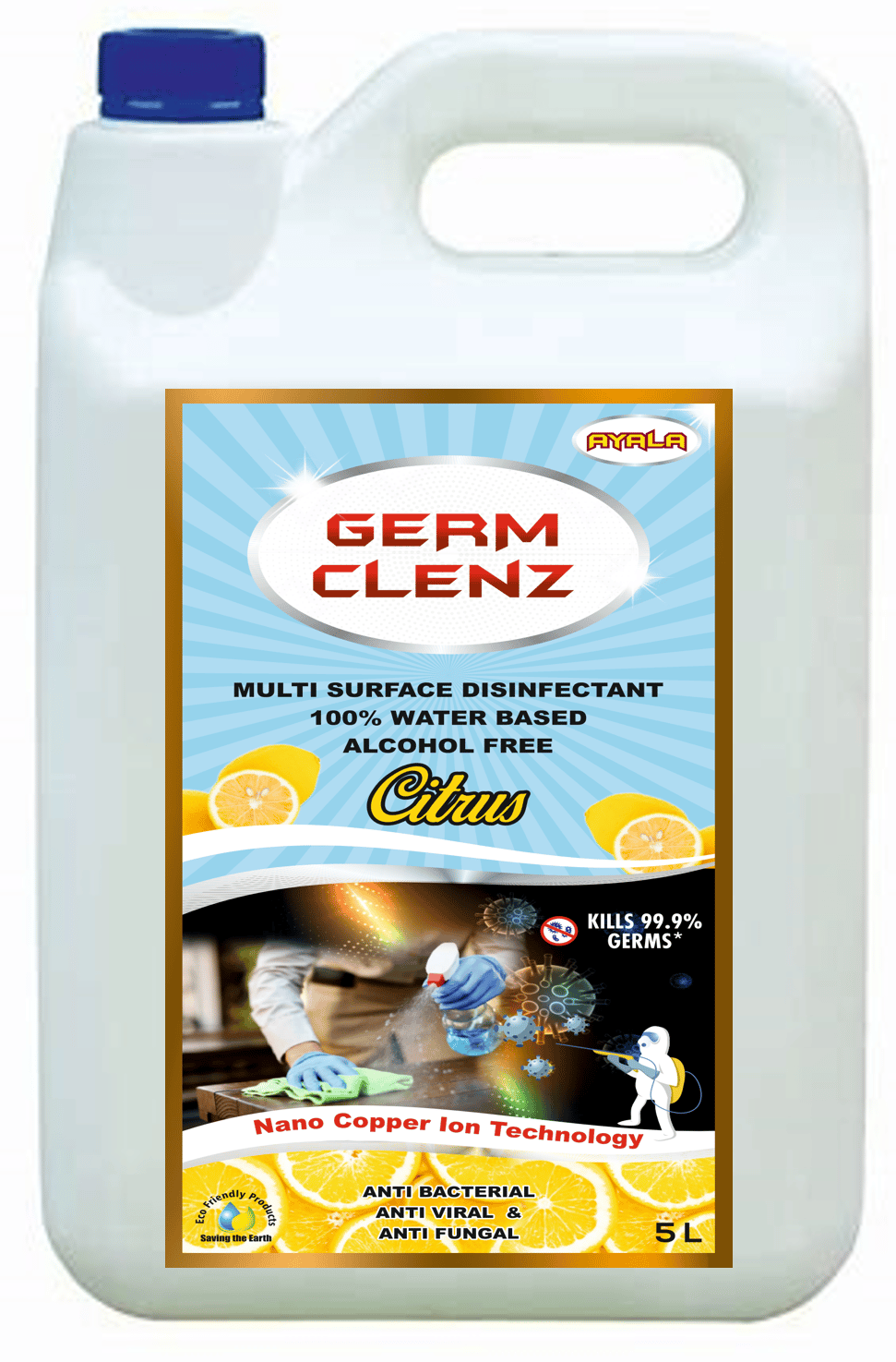 Disnfectant Liquid (Germ  Clenz - Citrus -5 L) | Disinfectant Liquid | Suitable for All types of surfaces | Kills 99.9% Germs| Alcohol Free| Water based | No harsh chemicals| anti microbial &Anti Viral