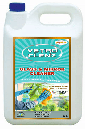 Glass Cleaner (Vetro Clenz- 5L)  | Suitable for All types of  Glass and mirror Surfaces | Kills 99.9% Germs| Alcohol Free| Water based| No harsh chemicals