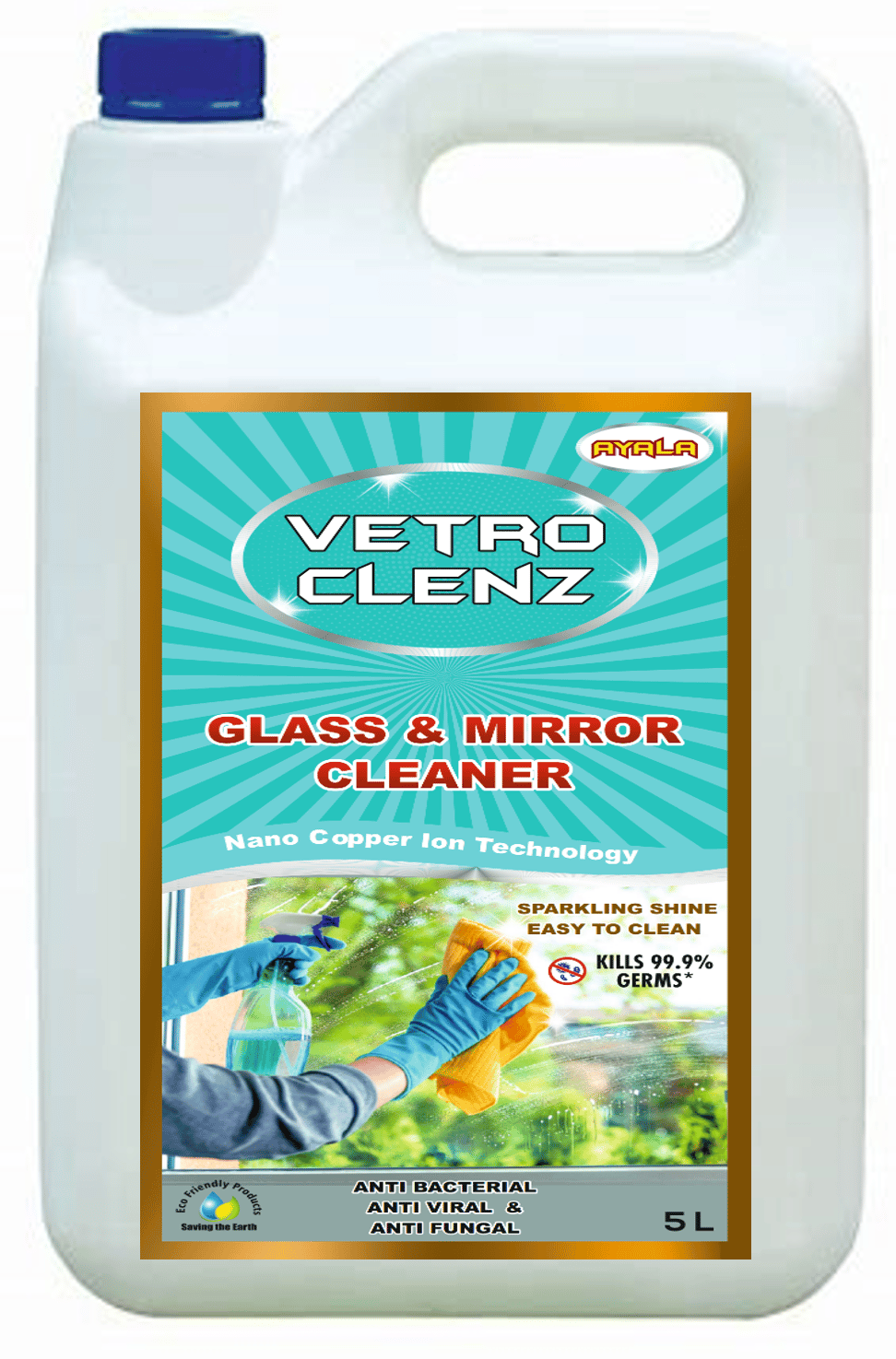 Glass Cleaner (Vetro Clenz- 5L)  | Suitable for All types of  Glass and mirror Surfaces | Kills 99.9% Germs| Alcohol Free| Water based| No harsh chemicals