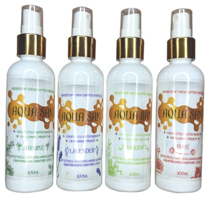 Hand Sanitizer (AquaSan -100ml) | available in Lavender, Rose, Jasmine|, Sandal, Mogra | Suitable for kids | Kills 99.9% Germs| Alcohol Free| Water based| No harsh chemicals| Anti microbial & Anti Viral | Skin Friendly | Safe to use anywhere