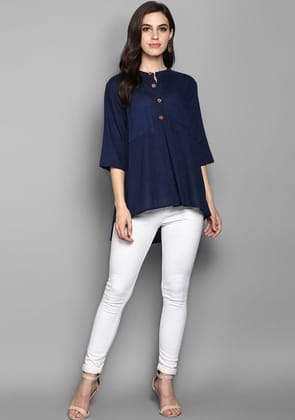 Navy Blue Short Cotton Tunic With Pleats ( Only Top ) Navy Blue Short Cotton Tunic With Pleats ( Only Top )