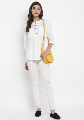White Short Cotton Tunic With Pleats ( Only Top ) White Short Cotton Tunic With Pleats ( Only Top )