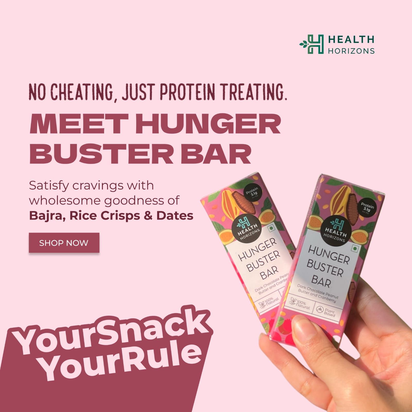 "HUNGER BUSTER BAR - PACK OF 3 I 3.1g protein per Bar I Made with Bajra, Rice Crisps and Dates. Flavoured with Dark Chocolate Peanut Butter and Cranberries."