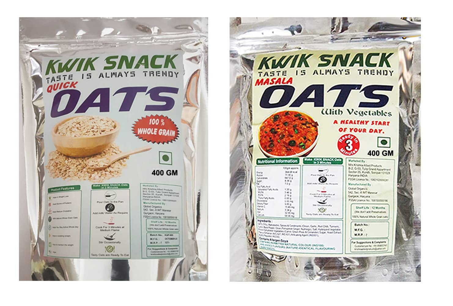 KWIK SNACK COMBO PACK OF QUICK OATS & MASALA OATS (400 GM EACH)