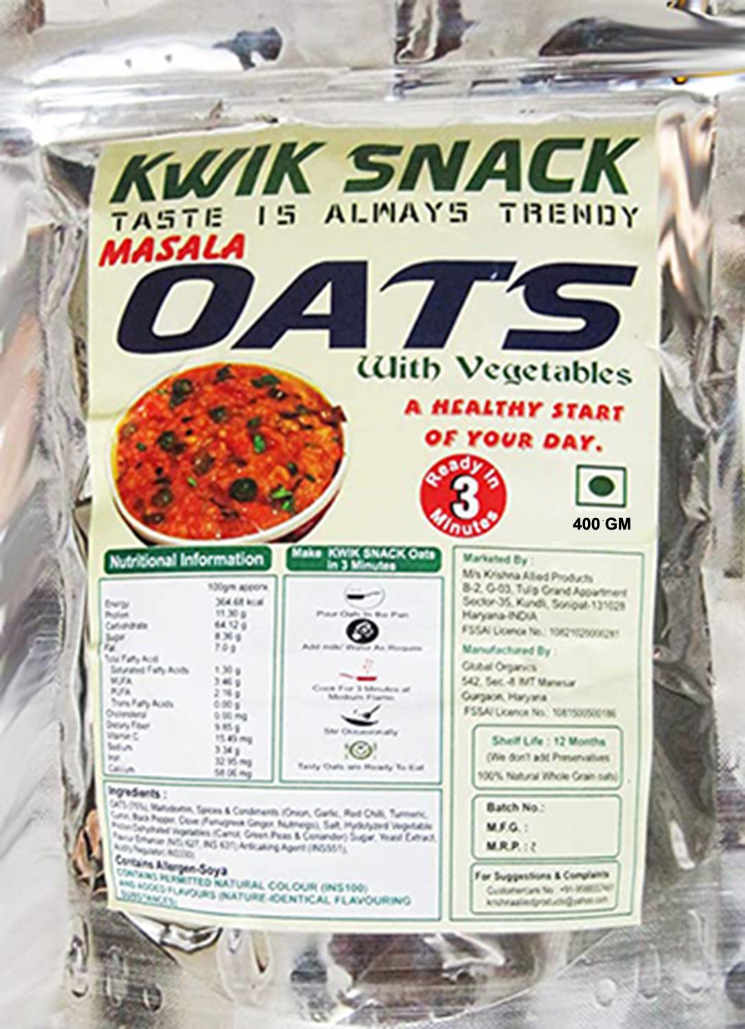 KWIK SNACK MASALA OATS (400 GM)