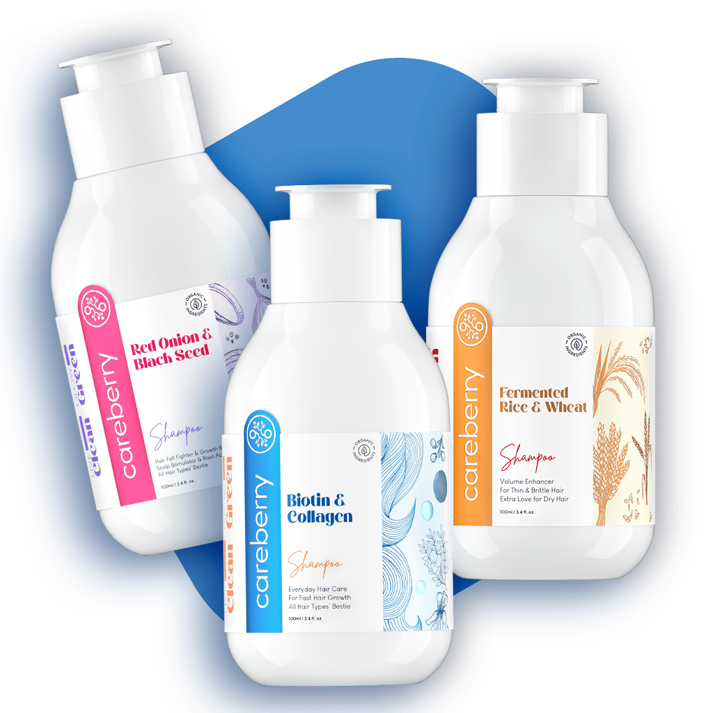 Careberry's Hair Squad: Biotin Boost, Rice Water's Volumize Vibes, Red Onion's Anti-Fall Power Trio (Pack of 3 100ml each)