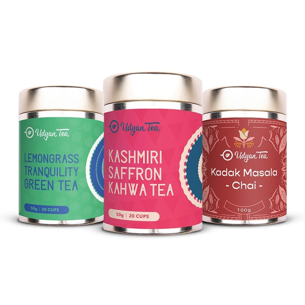 Udyan Tea | Best Seller Combo Pack | Kashmiri Saffron Kahwa | Lemongrass Tranquility Green Tea | Kadak Masala Chai | 100% Natural Loose Leaves
