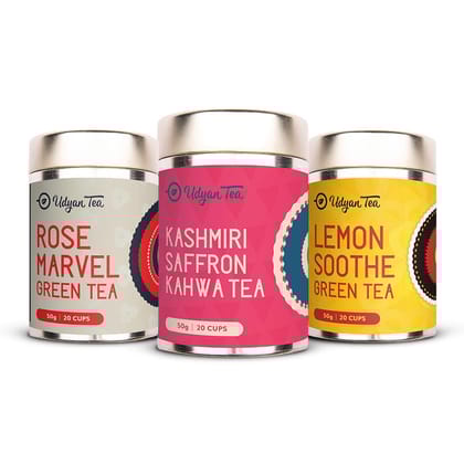Udyan Tea | Green Tea Combo Pack | Kashmiri Saffron Kahwa | Rose Marvel Green Tea | Lemon Soothe Green Tea