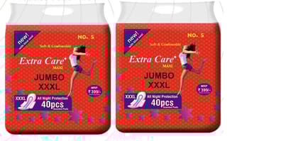 Extra Care Red Maxi Sanitary Pads for Women | Skin Friendly, Odour free Sanitary Napkins for Day & Night Leak Protection (80 Sanitary Pad, Size 3XL) Pack 2