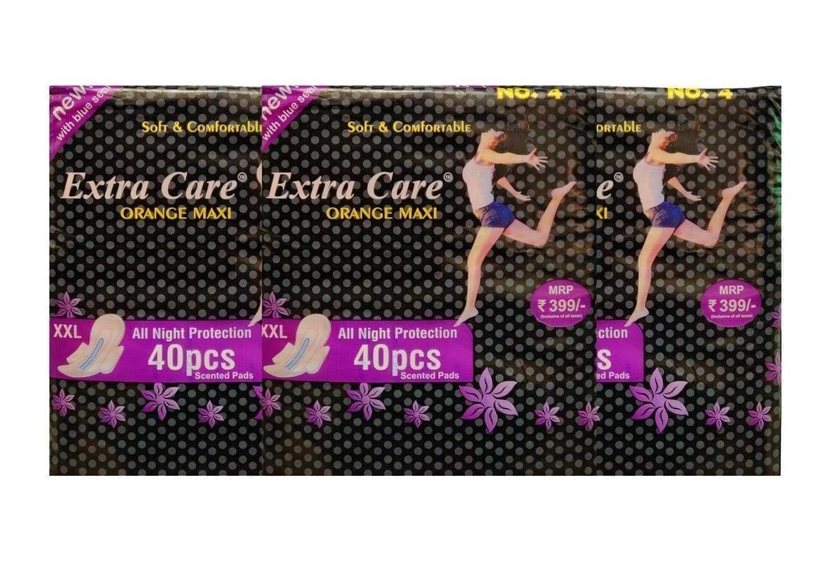 Extra Care Ultra Soft Sanitary Pads with Wings for Women | Skin Friendly, Odour free Sanitary Napkins for All Night Protection (120 Sanitary Pads, Size 2XL) Pack of 3