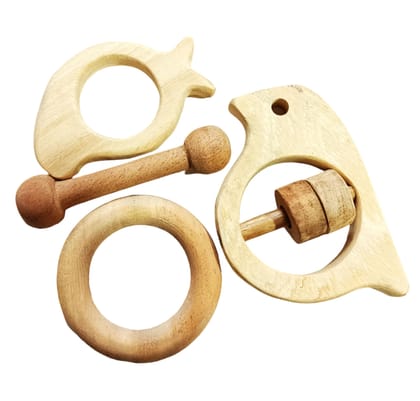 Neem Wooden Teehers & Rattle - Dumb Bell,Ring,Mango&Sparrow Shapes for 0 to 3 Year Kids Neem Wooden Teehers & Rattle - Dumb Bell,Ring,Mango&Sparrow Shapes for 0 to 3 Year Kids