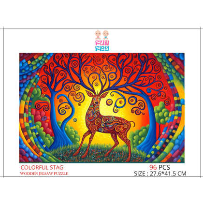FUN FRY Wooden Jigsaw Puzzle for Adults, Medium-27.6X41.5cm-96 Pcs, Puzzle Unique Shape Wooden Puzzle, Beautiful Gift Package,Best Gift for Kids, Wooden Animal Puzzles for Kids (Colourful STAG)