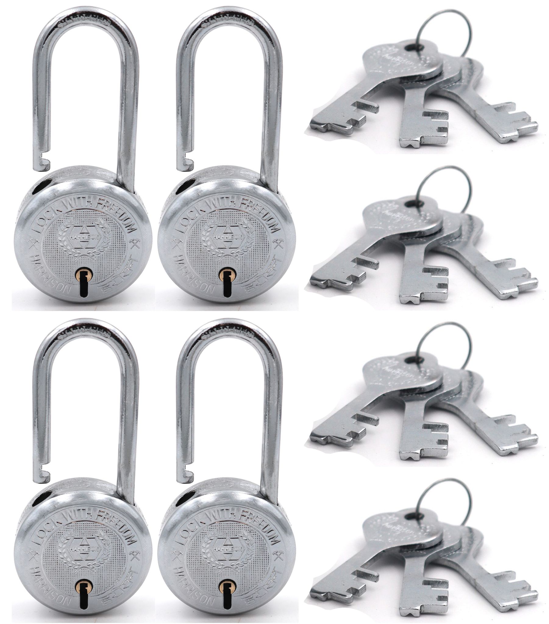 Harrison Padlocks/Round Padlock 65mm 8 Lever with 3 Keys T-26LS-0245 Pack of 4/ Mild Steel Material/Bright Chrome Polished Finish/Door Lock, Shutter Lock, Godown Lock, gate Lock