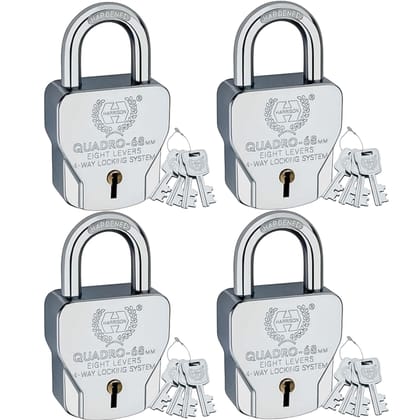 Harrison Padlocks/Square Padlock 68mm 8 Lever with 4 Keys QUADRO-5560 Pack of 4/ Mild Steel Material/Bright Chrome Plated Finish/Door Lock, Shutter Lock, Godown Lock, gate Lock