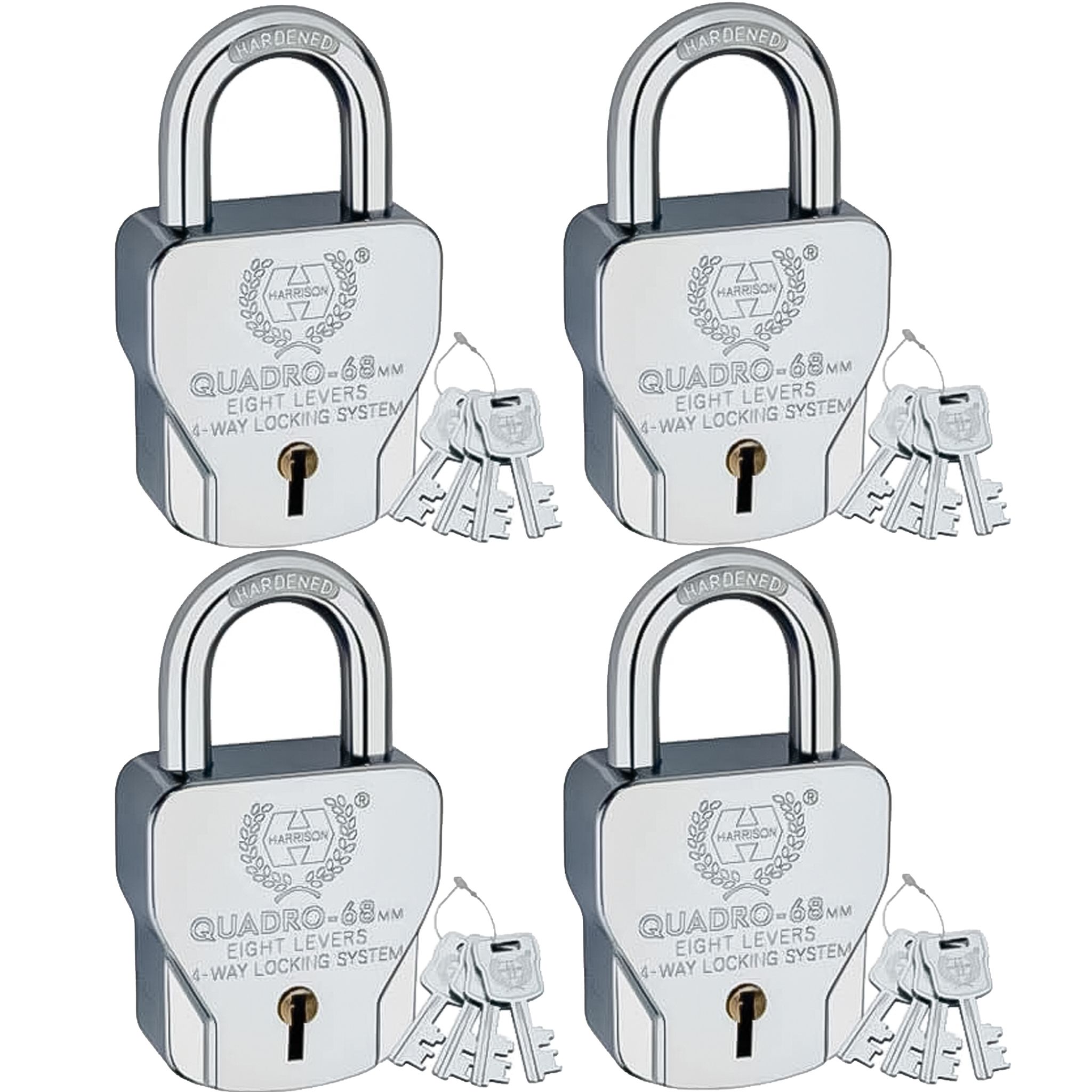 Harrison Padlocks/Square Padlock 68mm 8 Lever with 4 Keys QUADRO-5560 Pack of 4/ Mild Steel Material/Bright Chrome Plated Finish/Door Lock, Shutter Lock, Godown Lock, gate Lock
