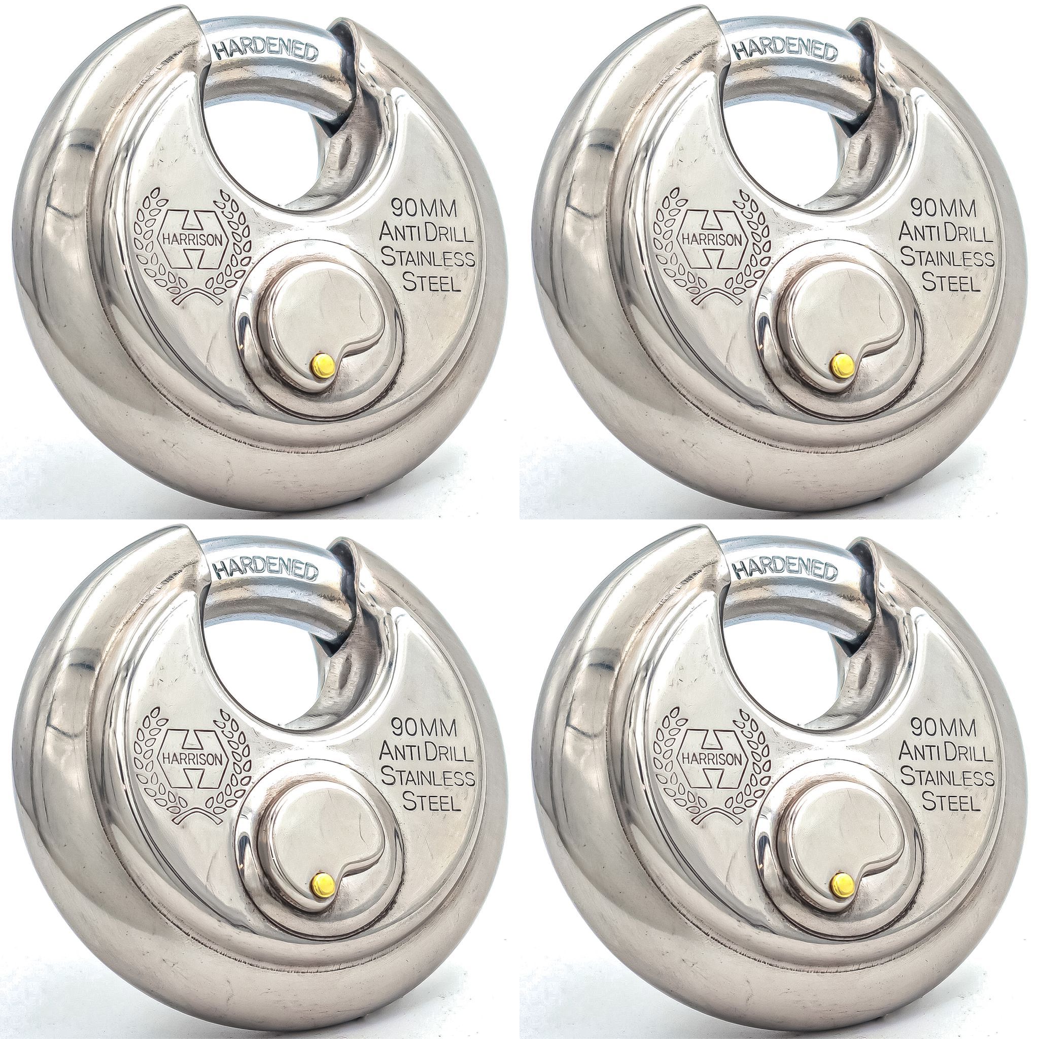 Harrison Padlocks/Round Padlock 90mm 12 Pin with 3 Computerised Keys ROCK-STAR-0404 Pack of 4/ Mild Steel Material/Stainless Steel Finish/Door Lock, Shutter Lock, Godown Lock, gate Lock